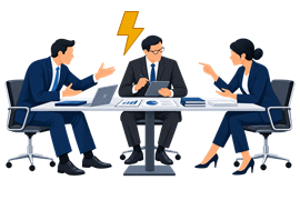 Buyer and seller representatives in an M&A dispute discussion with an independent expert